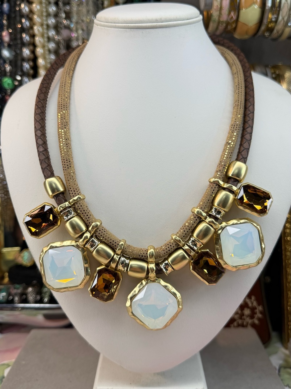 Stunning Gold-Tone Brown Statement Necklace with Opalescent and Amber Stones